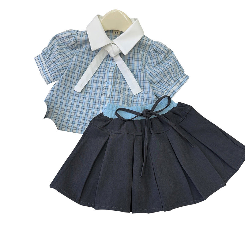 Girls Summer New Plaid Top Pleated Skirt Two-piece Suit