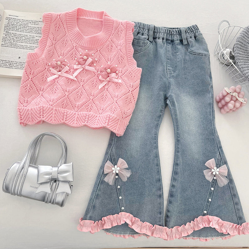 Girls' Autumn Love Vest Shirt Jeans Three-Piece Set