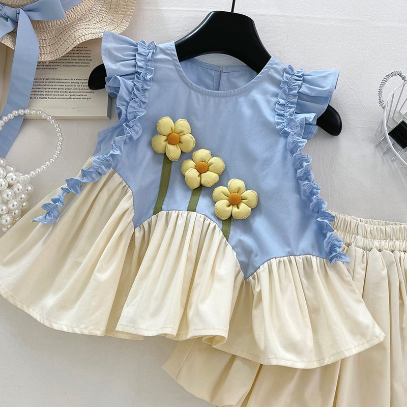 Girls' New Flower Color Matching Top Shorts Two-piece Set