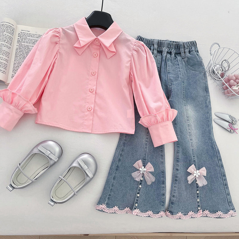 Girls' Solid Color Bow-knitted Vest Lapel Shirt and Jeans Three-piece Suit