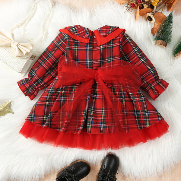 Red Children's Birthday Dress Girls New Year Christmas Plaid Princess Dress