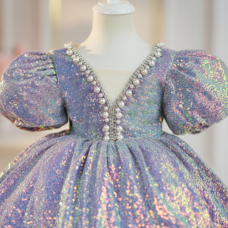 Elegant Baby Girls Purple Puff Sleeve Pearl Collar Puff Princess Dress Toddler Party Dresses
