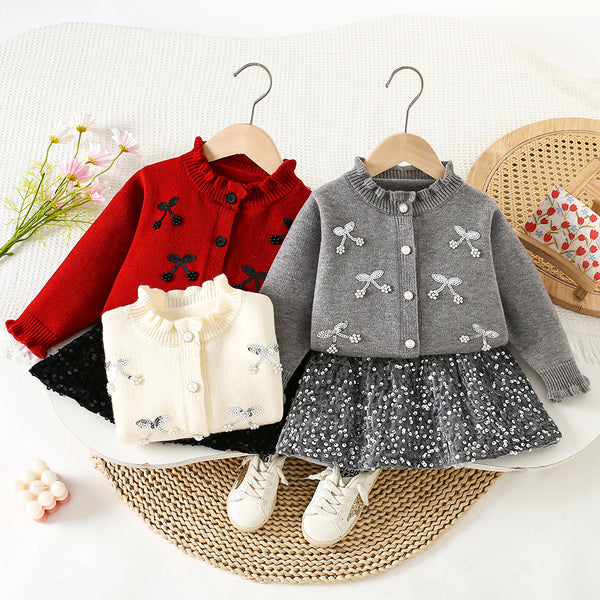 Girls' Diamond Knitted Cardigan Skirt Two-Piece Set