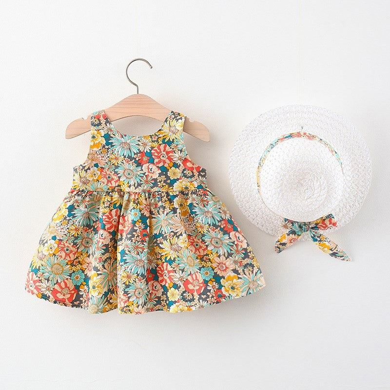 Cute Baby Girl Beach Dress with Floral Straps and Bow