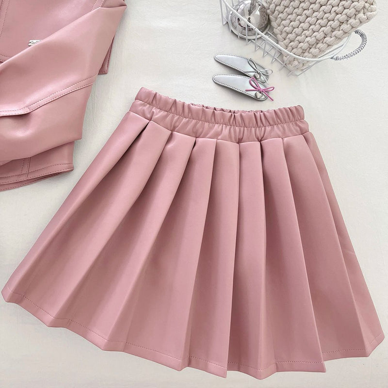 New Girls' Lapel Leather Jacket and Skirt Two-Piece Set