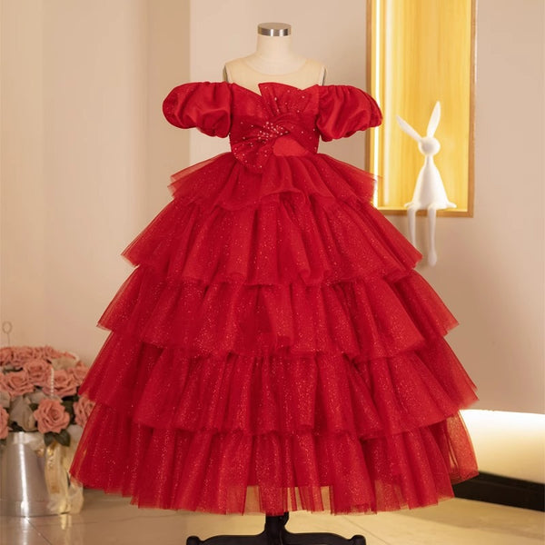 Elegant Baby Red One-shoulder Puffy Mesh Princess Dress Toddler Christening Dresses