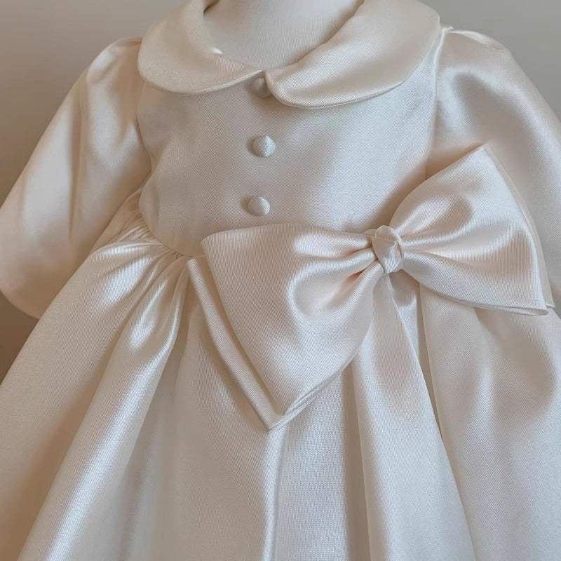 Elegant Baby Girls White Baby Doll Neck Bow Princess Dress Toddler First Birthday Dress