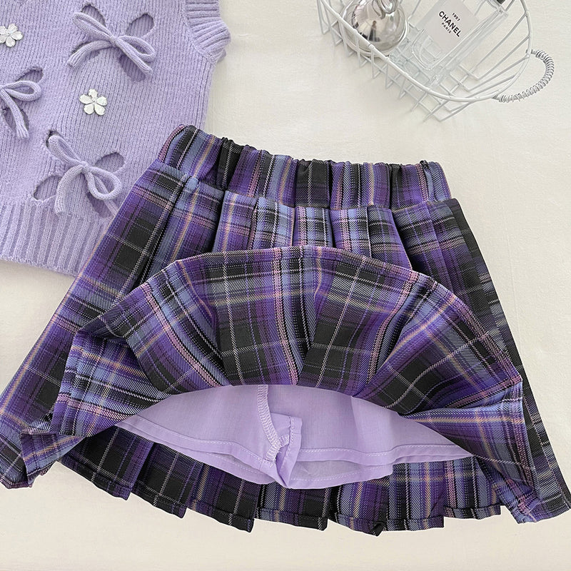 Girls' Knitted Vest Shirt and Plaid Skirt Three-piece Set