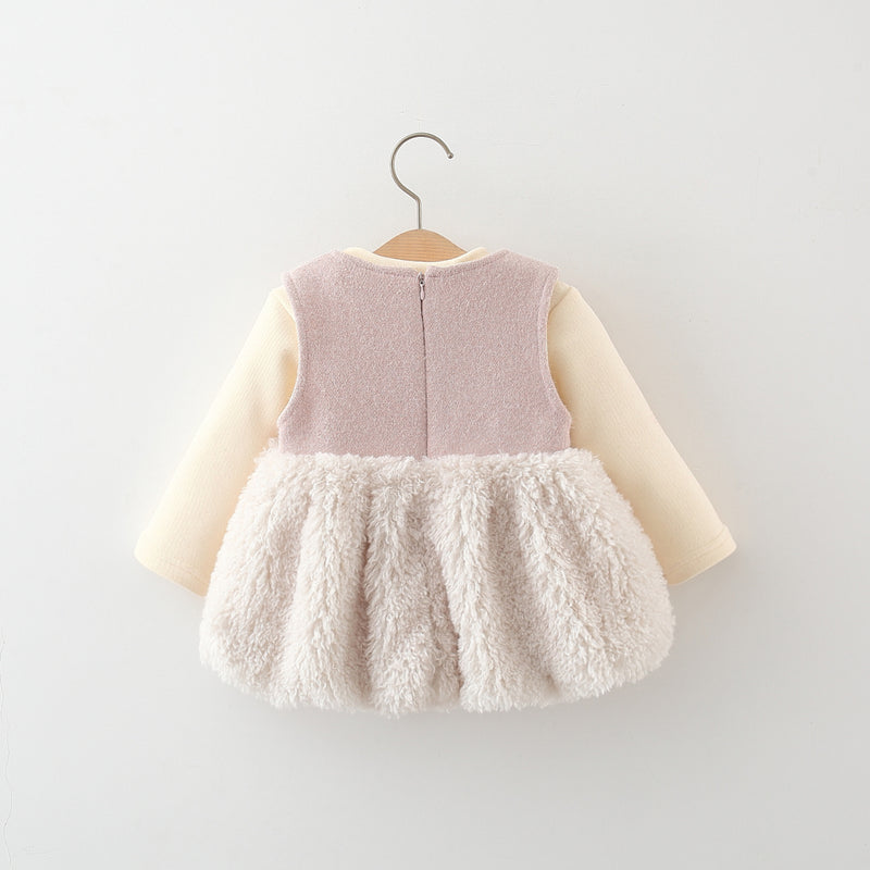 Girls' Winter Fleece Top Fur Vest Dress Two-piece Set
