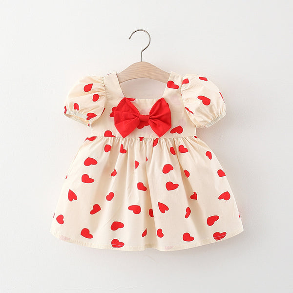 Baby Dress Cute Square Neck Heart Print Puff Sleeve Dress