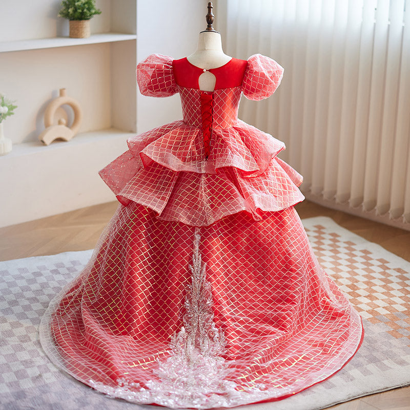 Toddler Ball Gowns Girl Pageant Rhombus Yarn Puffy Dress Pageant Princess Dress
