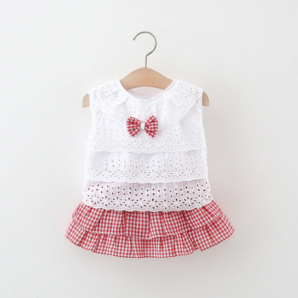 Girls White Hollow Top Plaid Cake Skirt Two-piece Set