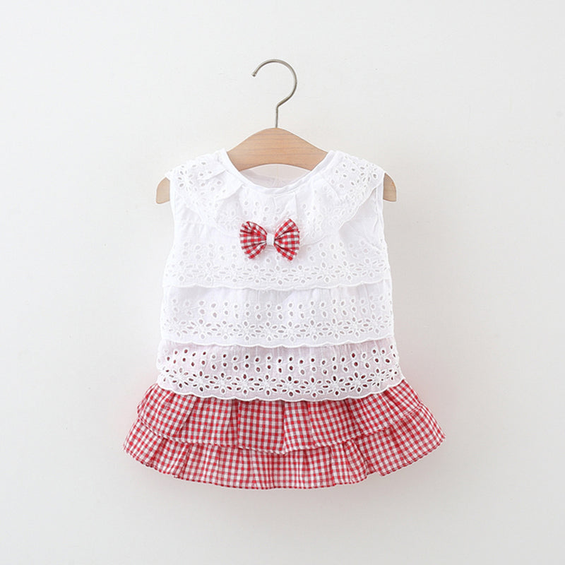 Girls White Hollow Top Plaid Cake Skirt Two-piece Set