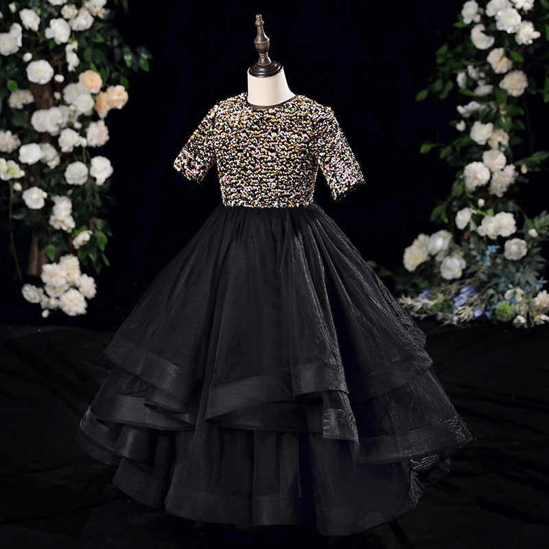black pageant dress Cute Baby Girl Black Pageant Dress Autumn Puffy Dress Toddler Birthday Christmas Princess Dress, Black / 4-5 Years (120cm)