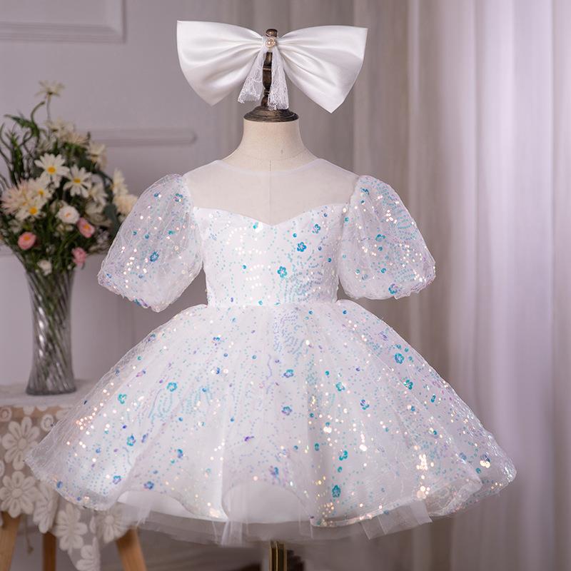 Sweet Baby Girls White Transparent Puffy Mesh Dress Toddler Christening Dress