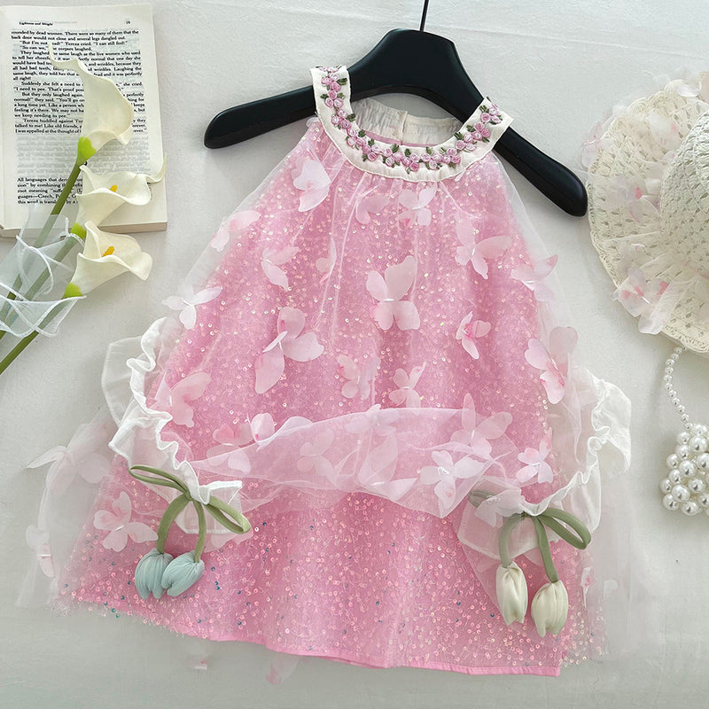 Girls Summer New Cute 3D Butterfly Lace Mesh Dress