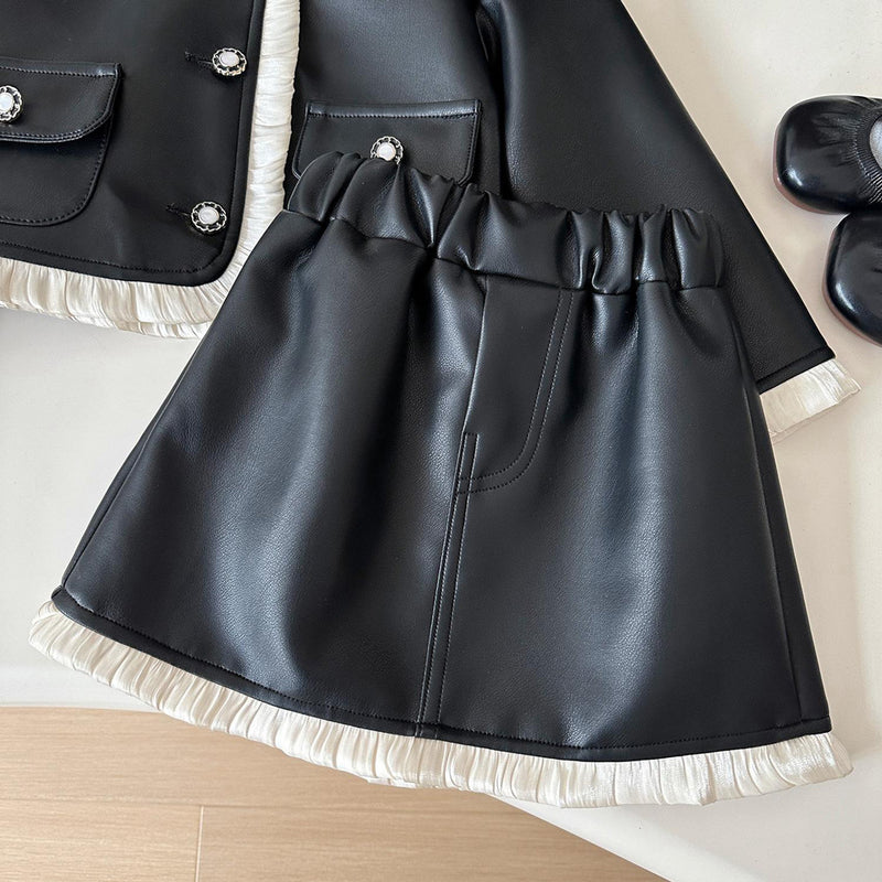 Girls Autumn Lace PU Leather Jacket Short Skirt Two-Piece Set