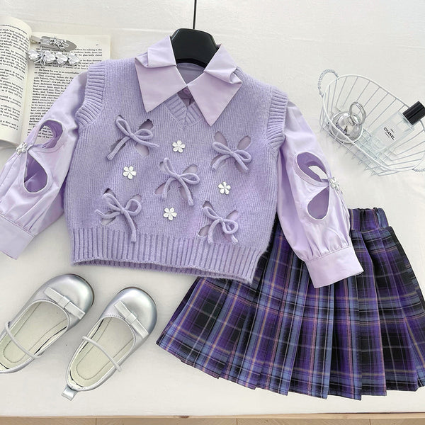 Girls' Knitted Vest Shirt and Plaid Skirt Three-piece Set
