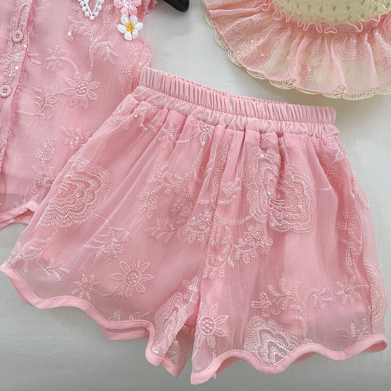 Girls Summer Flying Sleeve Embroidered Top and Shorts Two-piece Set