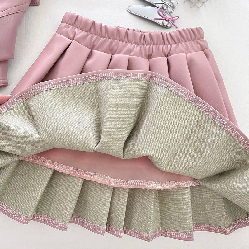 New Girls' Lapel Leather Jacket and Skirt Two-Piece Set