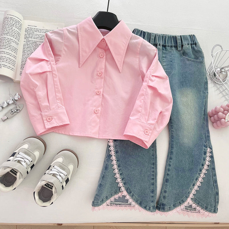 Girls' Autumn Knitted Sweater Vest Shirt Jeans Three-piece Set