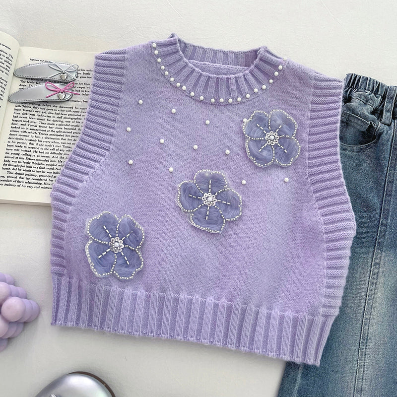 Girls' Beaded Flower Knitted Vest Shirt and Jeans Three-Piece Set