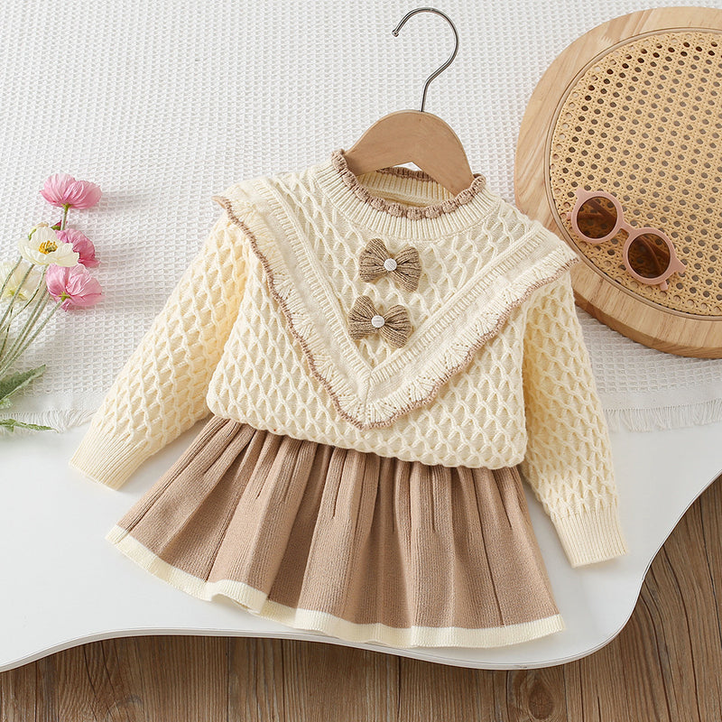 Girls' Wool Bow-knit Short Skirt Two-piece Set