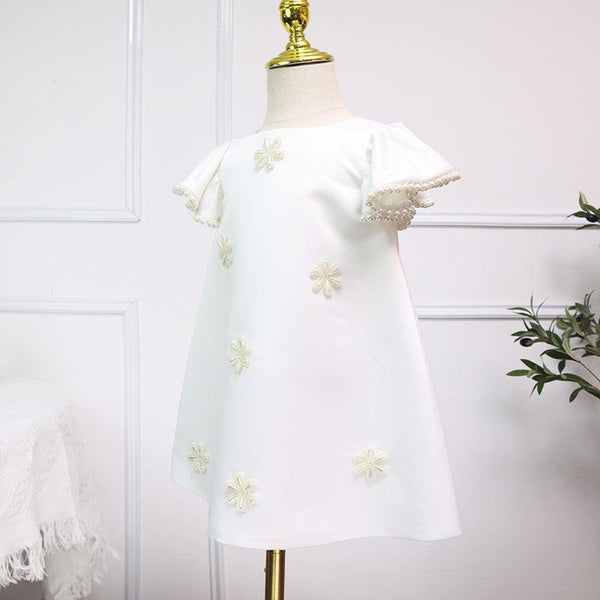 Elegant Baby Girls White Floral Butterfly Sleeve First Birthday Dress Toddler Flower Girl Formal Dress