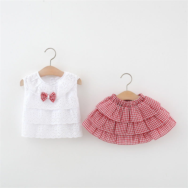 Girls White Hollow Top Plaid Cake Skirt Two-piece Set