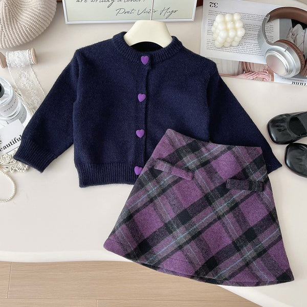 Girls' New Heart Button Knitted Sweater Wool Plaid Skirt