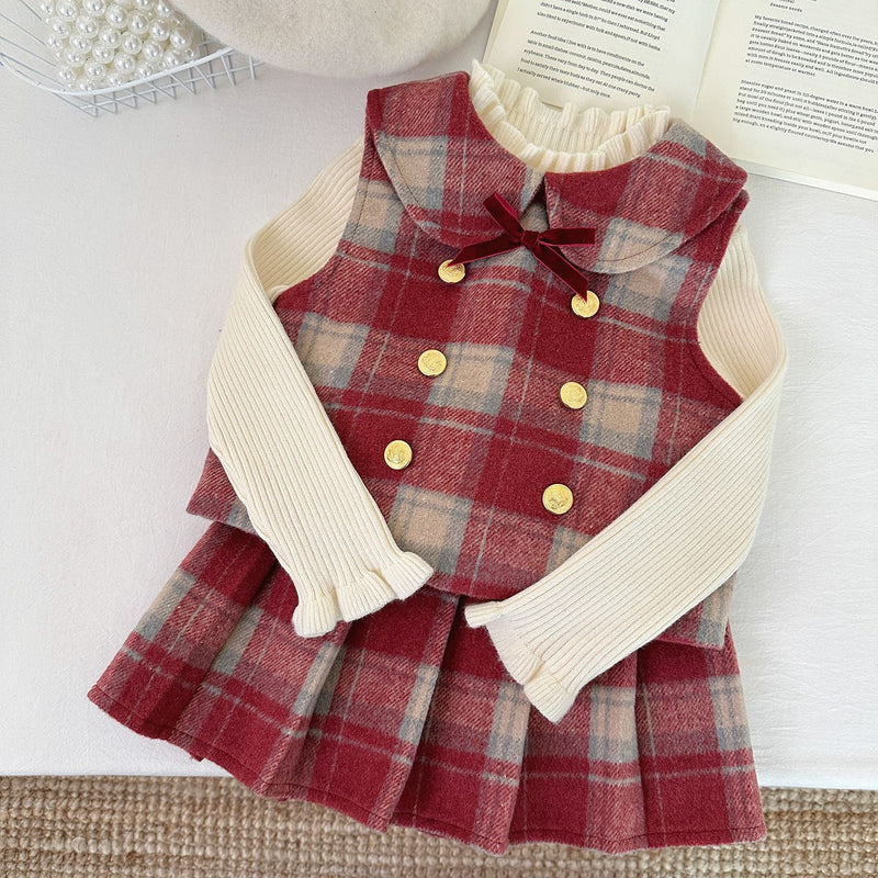 Girls' Winter Fleece-Lined Plaid Vest and Skirt Two-Piece Set