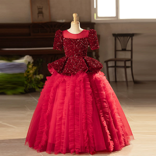 Red Girls Sequined Princess Dress Children's Birthday Dress