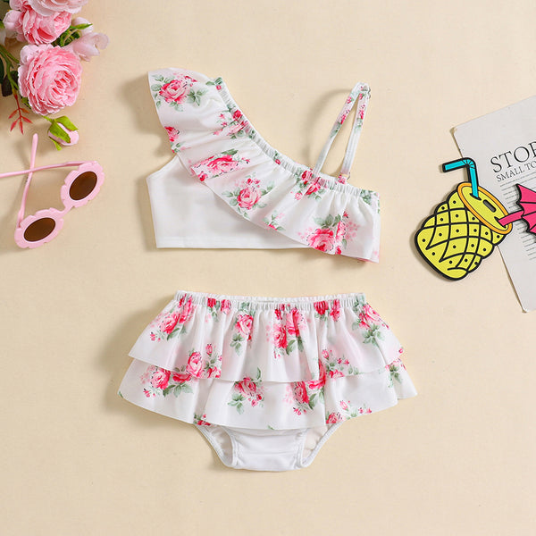 Baby Girls Flower Print One Shoulder Strap Swimsuit Two-Piece Set