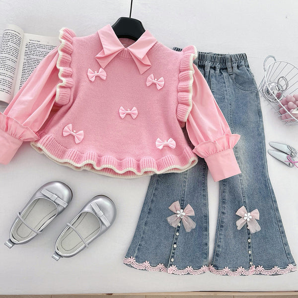 Girls' Solid Color Bow-knitted Vest Lapel Shirt and Jeans Three-piece Suit