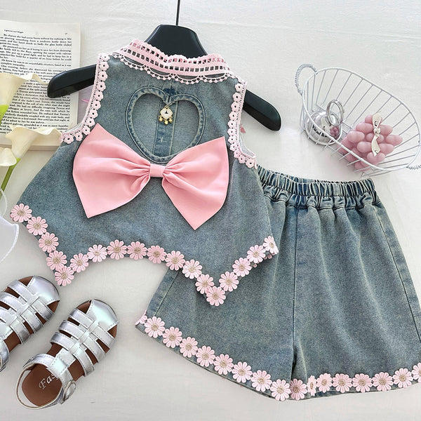 Girls Summer New Hollow Bow Top Shorts Two-piece Set