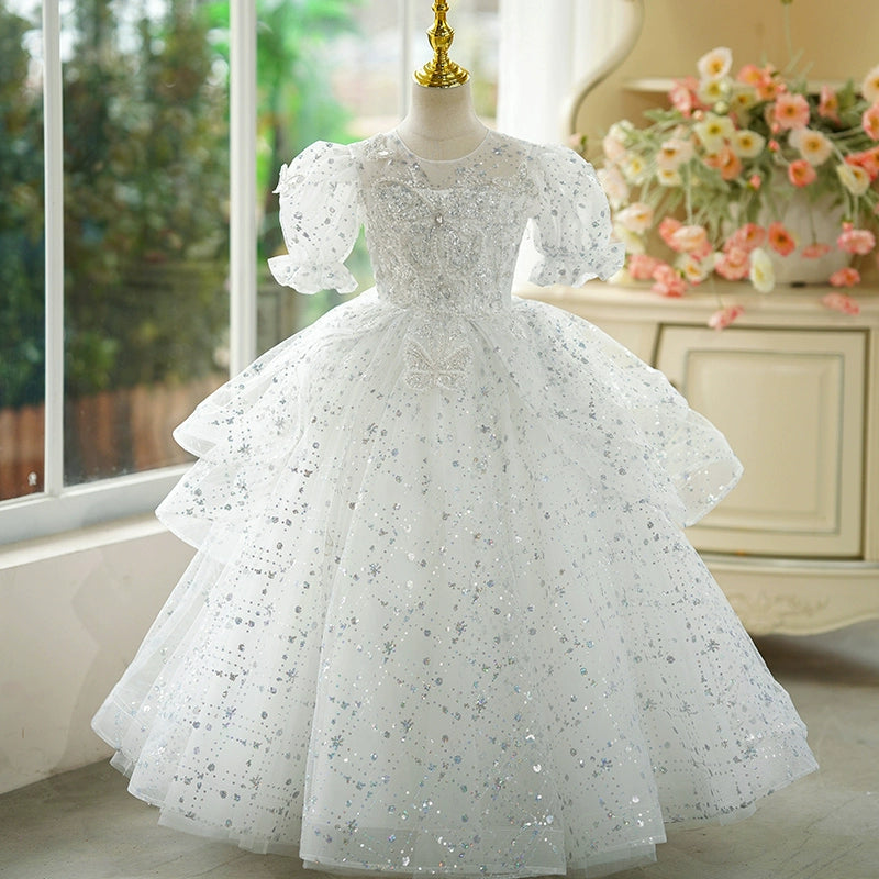 Elegant Baby Girls White Sequin Baptism Dresses Toddler Ball Gowns marryshe