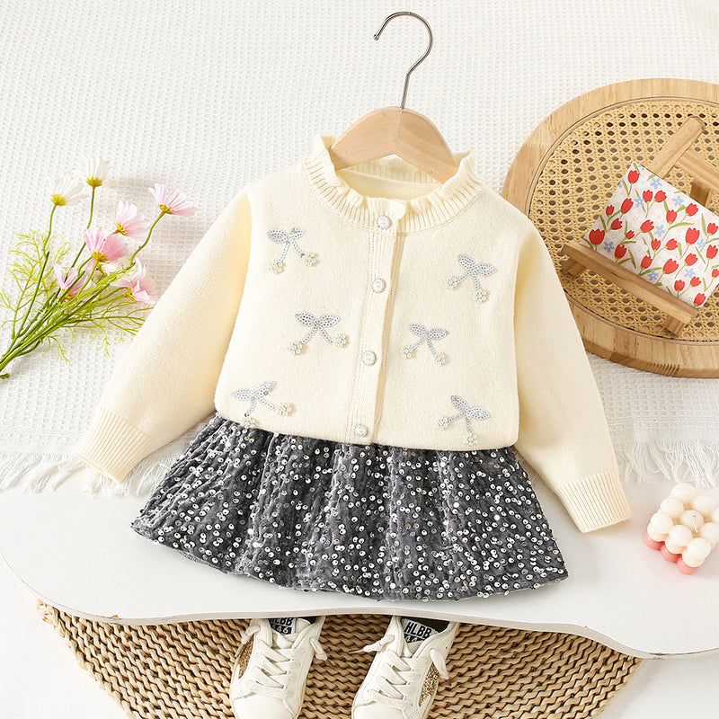 Girls' Diamond Knitted Cardigan Skirt Two-Piece Set