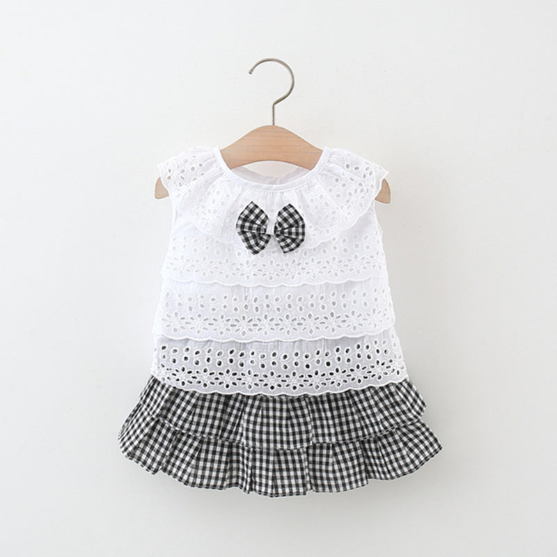 Girls White Hollow Top Plaid Cake Skirt Two-piece Set
