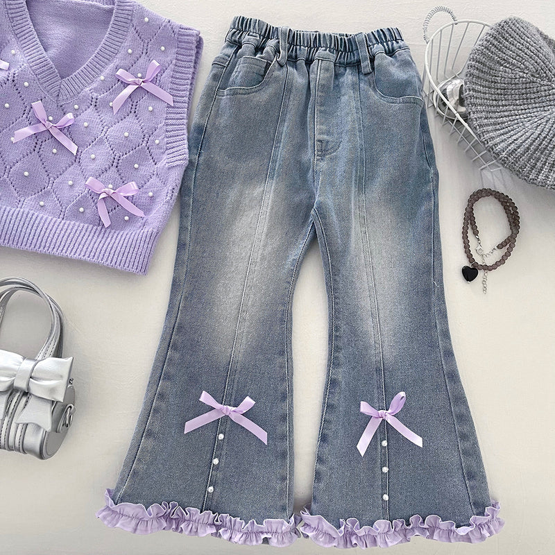 Girls' Autumn Knitted Vest Top and Flared Jeans Three-Piece Set