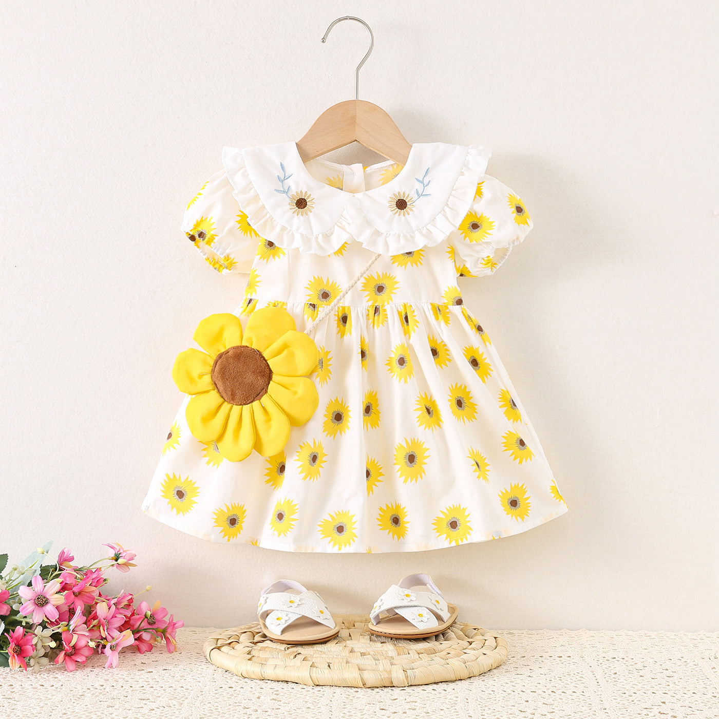 yellow sunflower dress Bridesmaid Matte Satin Size XS Womens Yellow / White Sunflower Sundress Girls Sunflower Dress with Bag