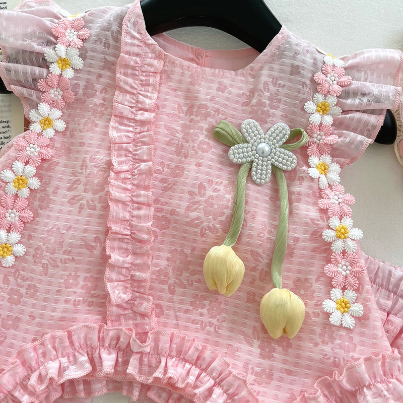 Summer Girls New Flying Sleeves Bow Shirt Lace Shorts Two-piece Suit
