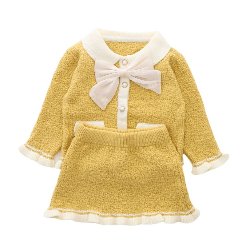 Cute Baby Girl Bow-knot Winter Dress Infant Knitted Sweater Two Piece Set Dress