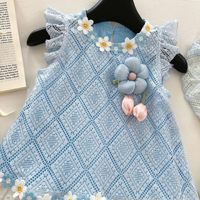 Girls Cute Lace Stitching Flying Sleeves Princess Dress