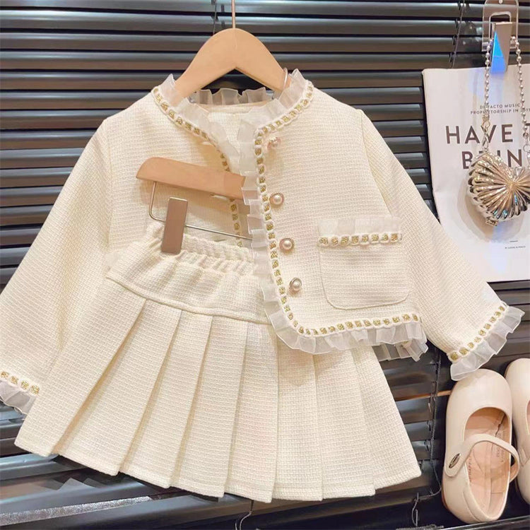Girls' Mesh Spliced Jacket and Pleated Skirt Two-Piece Set