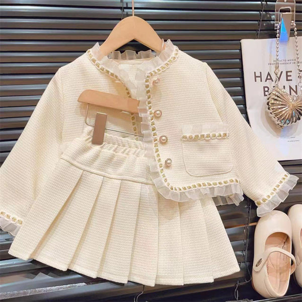 Girls' Mesh Spliced Jacket and Pleated Skirt Two-Piece Set