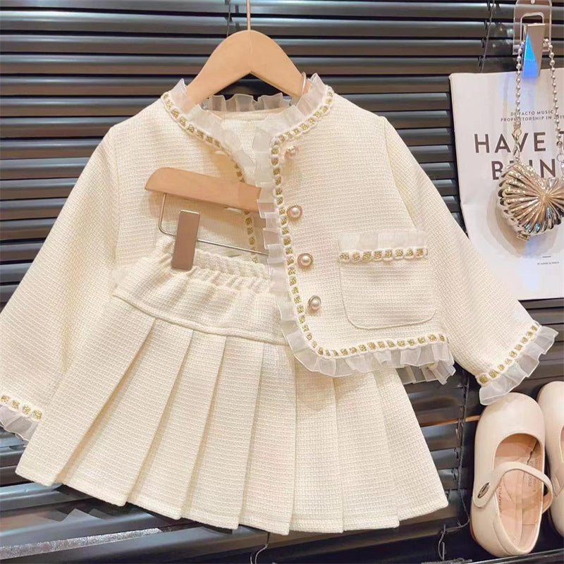 Girls' Mesh Spliced Jacket and Pleated Skirt Two-Piece Set