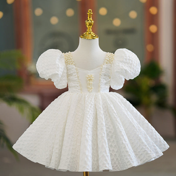 Children's Birthday Dress Girls White Princess Dress Flower Girl Puff Dress