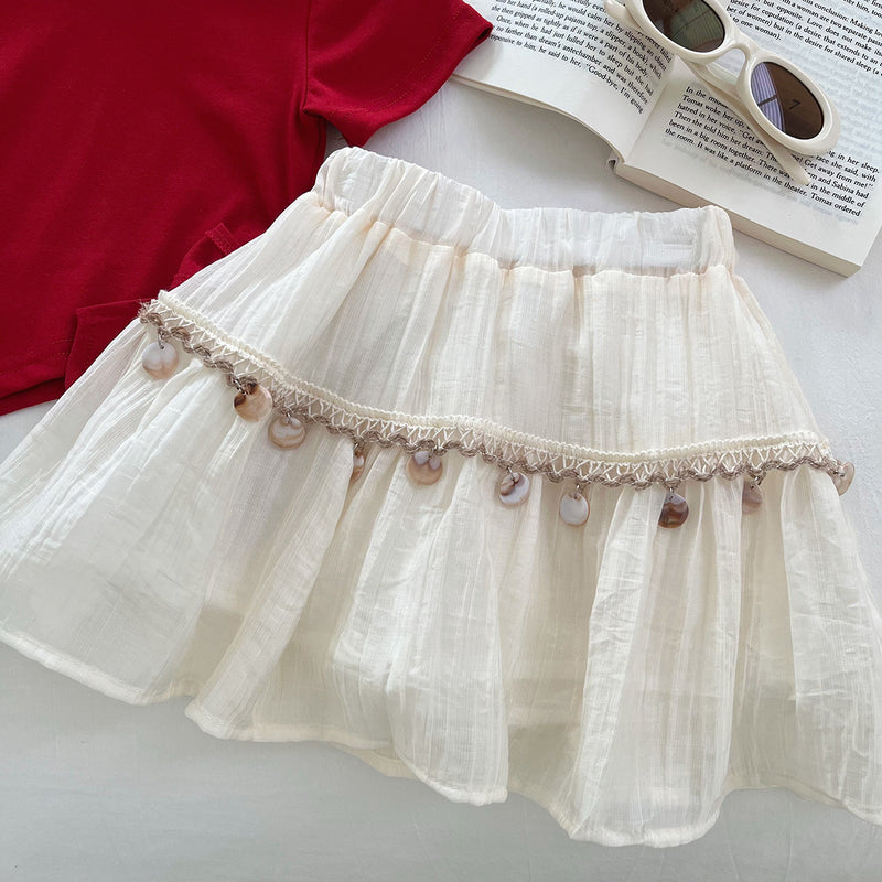 Girls' New Summer Irregular Bow Top Skirt Two-piece Set