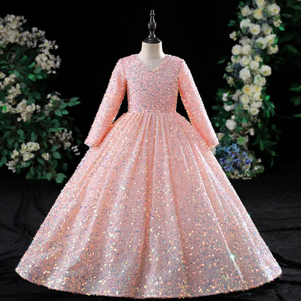 Elegant Baby Girl Long Sleeve Sequined Puff Princess Dress Toddler Pageant Dress