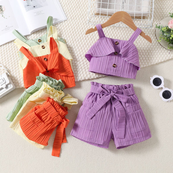 Summer New Girls Solid Color Suspender Top Shorts Two-piece Set